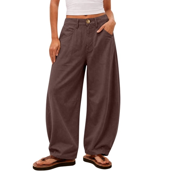 SuTry Women's Pants Button Fly Mid Rise Barrel Wide Leg Jeans Stitched Detail Side Pockets Relaxed Baggy Casual Cotton Blend Trousers