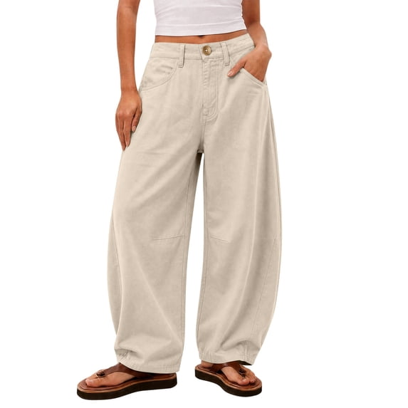 SuTry Women's Pants Button Fly Mid Rise Barrel Wide Leg Jeans Stitched Detail Side Pockets Relaxed Baggy Casual Cotton Blend Trousers