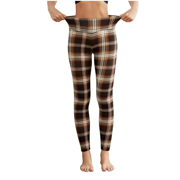 SuTry Women's Pants Classic Soft Plaid Pajama Pants Fleece Leggings Winter High Waist Thermal Lined Thickened Comfortable Fit Pants(Khaki#1,Khaki#1)
