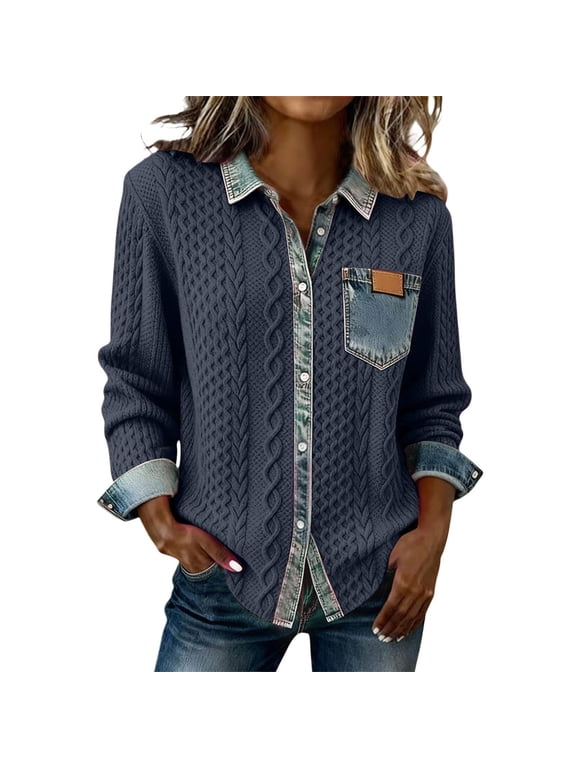 Women's Patchwork Cardigan, Denim Trim Knit Jacket, Button Front Cable Knit Shacket with Pocket, Everyday Casual Fall Winter Layer