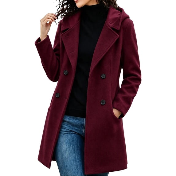 SuTry Women's Pea Coat, Hooded Button Down Long Sleeve Lined, Loose Fit ...