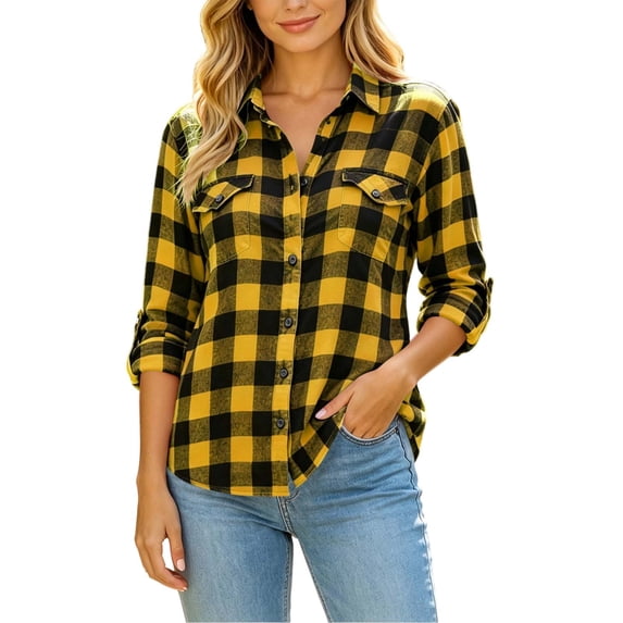 SuTry Women's Plaid Button Down Shirt Turndown Collar Long Sleeve Chest Pockets Relaxed Loose Fit Casual Everyday Wear