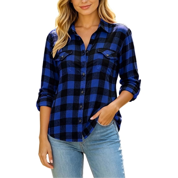 SuTry Women's Plaid Button Down Shirt Turndown Collar Long Sleeve Chest Pockets Relaxed Loose Fit Casual Everyday Wear