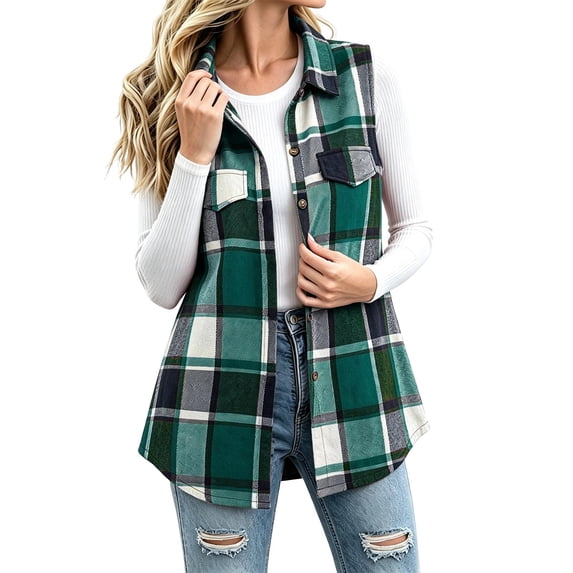 SuTry Women's Plaid Vest, Button Front Lapel Collar Sleeveless Jacket, Flannel Lined Casual Waistcoat with Pockets, Everyday Versatile Fall Winter Layering