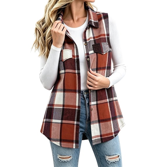 SuTry Women's Plaid Vest, Button Front Lapel Collar Sleeveless Jacket, Flannel Lined Casual Waistcoat with Pockets, Everyday Versatile Fall Winter Layering