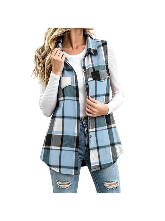 Women's Plaid Vest, Button Front Lapel Collar Sleeveless Jacket, Flannel Lined Casual Waistcoat with Pockets, Everyday Versatile Fall Winter Layering