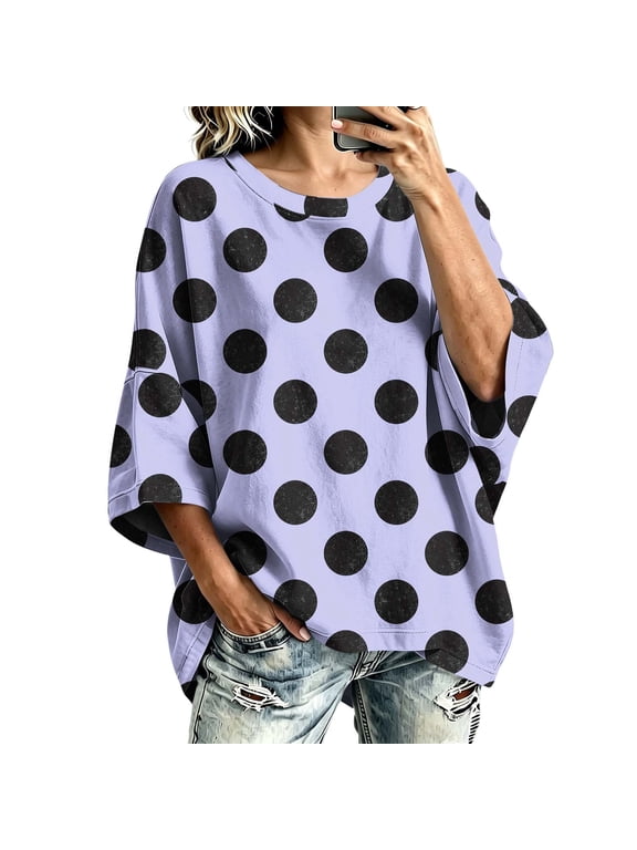 Women's Polka Dot Top Round Neck 3/4 Sleeve Drop Shoulder Relaxed Loose Fit Casual Everyday Wear