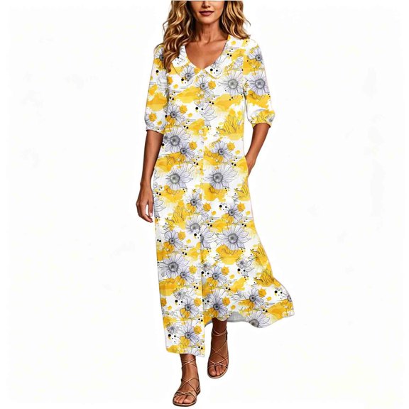 SuTry Women's Printed Shift Dress Collared V Neck 3/4 Sleeve Side Pockets Side Slit Relaxed Fit Floral Pattern Casual Summer Vacation Beach Travel Daily Wear Outerwear