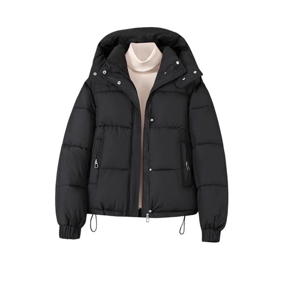 SuTry Women's Puffer Jacket Hooded Full Zip Snap Front Quilted Drop Shoulder Elastic Cuffs Drawstring Hem Side Pockets Winter Cold Weather Daily Wear Outerwear
