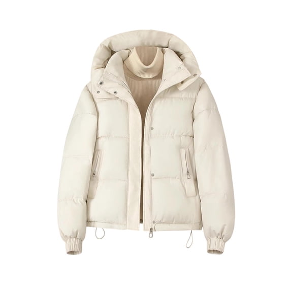 SuTry Women's Puffer Jacket Hooded Full Zip Snap Front Quilted Drop Shoulder Elastic Cuffs Drawstring Hem Side Pockets Winter Cold Weather Daily Wear Outerwear