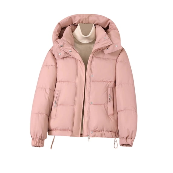 SuTry Women's Puffer Jacket Hooded Full Zip Snap Front Quilted Drop Shoulder Elastic Cuffs Drawstring Hem Side Pockets Winter Cold Weather Daily Wear Outerwear