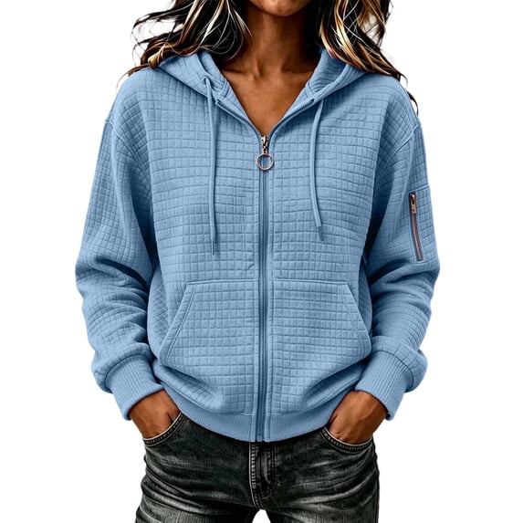 SuTry Women's Quilted Jacket, Zip Up Hooded Drawstring Long Sleeve Coat, Waffle Textured Relaxed Fit Outerwear, Everyday Casual Versatile Winter Layer