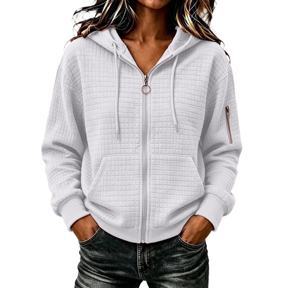 SuTry Women's Quilted Jacket, Zip Up Hooded Drawstring Long Sleeve Coat, Waffle Textured Relaxed Fit Outerwear, Everyday Casual Versatile Winter Layer