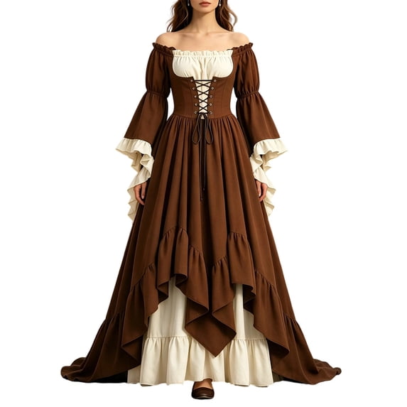 SuTry Women's Renaissance Dress Off Shoulder Puff Sleeve Lace Up Corset Waist Layered Ruffle Hem Flowy A Line Maxi Halloween Dress Up Medieval Gothic Party Outings