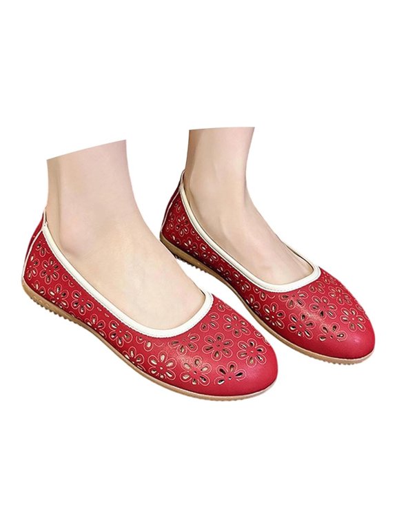 Women's Round Toe Flats Lightweight Breathable Cutout PU Leather Slip On Comfortable Casual Office School Travel Walking Shoes(42)