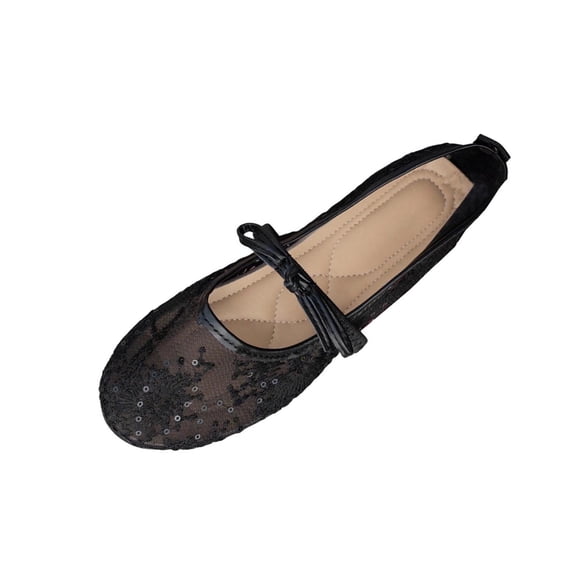 SuTry Women's Round Toe Lace Flats Bow Tie Detail Sequin Embroidery Breathable Mesh Lightweight Comfortable Slip On Casual Walking Office Daily Shoes(38)