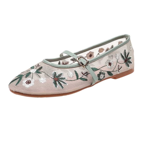 SuTry Women's Round Toe Mary Jane Flats Floral Embroidery Breathable Mesh Adjustable Buckle Strap Comfortable Cushioned School Office Daily Casual Walking Shoes(39)