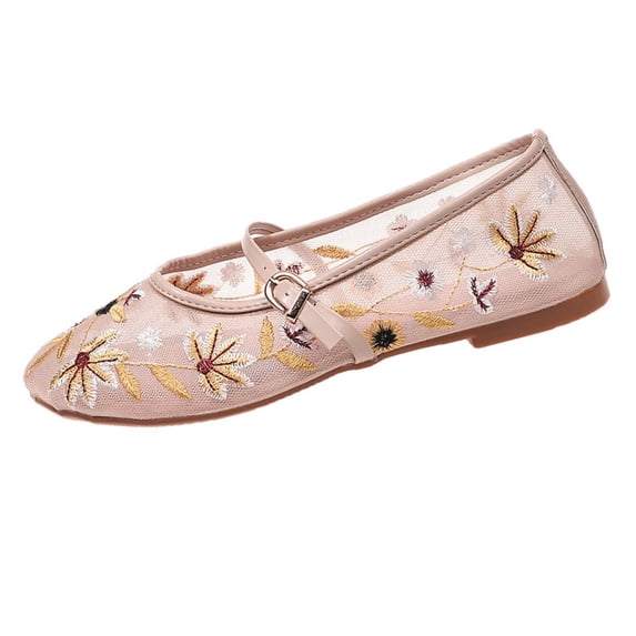 SuTry Women's Round Toe Mary Jane Flats Floral Embroidery Breathable Mesh Adjustable Buckle Strap Comfortable Cushioned School Office Daily Casual Walking Shoes(39)