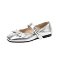 thumbnail image 1 of SuTry Women's Round Toe Mary Jane Flats Metallic Silver Bow Detail Adjustable Buckle Strap Comfortable Casual Walking Shoes(38), 1 of 6