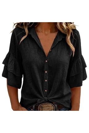 Women's Ruffle Sleeve Shirt, Tie Front V-Neck Button Down Blouse, Tiered Flounce Sleeve Cotton Linen Tunic, Casual Western Top