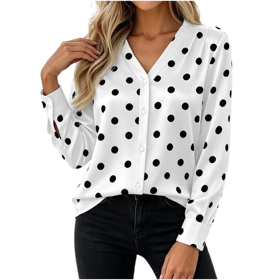 SuTry Women's Satin Blouse, V-Neck Polka Dot Print Top, Long Sleeve Button Front Pleated Cuff Shirt, Everyday Versatile Casual Layer