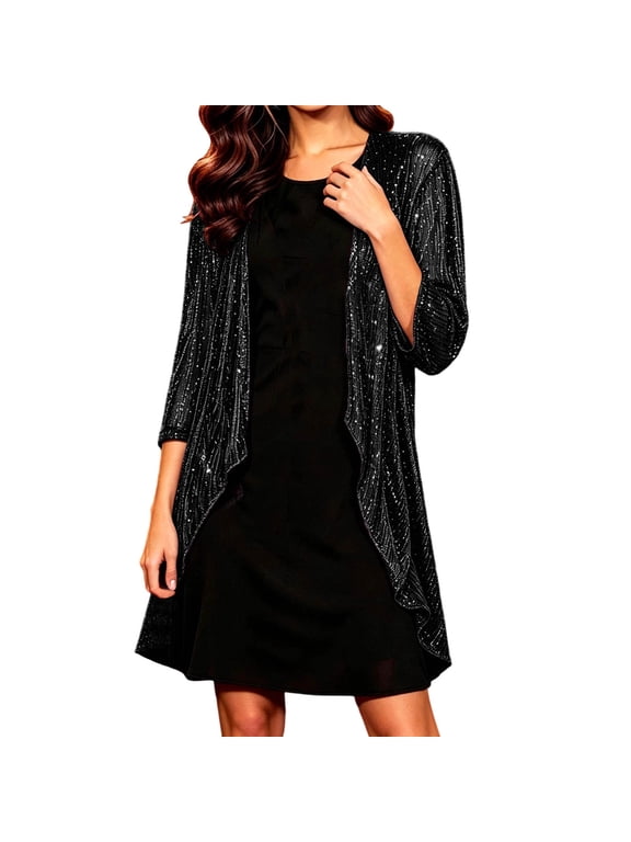 Women's Sequin Cardigan, Open Front Sheer Sparkly Evening Coat, 3/4 Sleeve Glitter Party Duster, Solid Color Elegant Cover Up