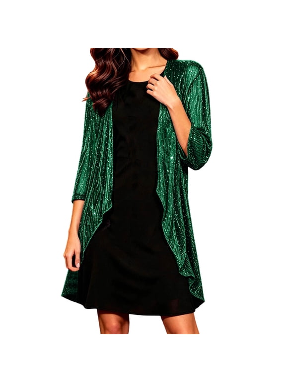 Women's Sequin Cardigan, Open Front Sheer Sparkly Evening Coat, 3/4 Sleeve Glitter Party Duster, Solid Color Elegant Cover Up