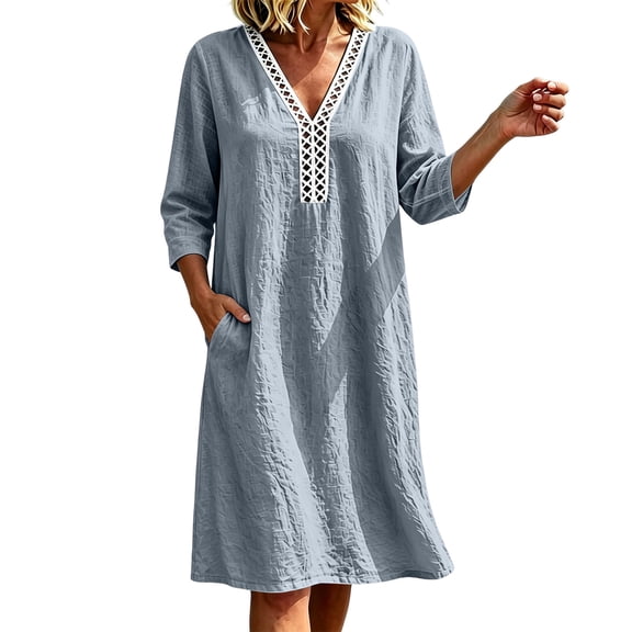 SuTry Women's Shift Dress Lace V-Neck Three-Quarter Sleeve Relaxed Fit Flowy Drape Side Pockets Casual Vacation Travel Daily Wear