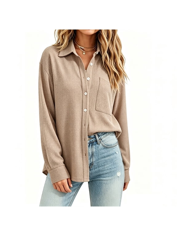 Women's Shirt Jacket, Waffle Knit Button Down Collared Long Sleeve Shacket, Solid Color Loose Fit Pocket Coat, Everyday Versatile Casual Outerwear