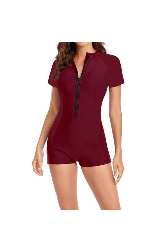 Women's Short Sleeve Front Zipper UPF Sun Protection Boyleg Padded One Piece Rash Guard Athletic Surf Bathing Suit for Pool Workout Beach Surfing Water Sports Swimwear