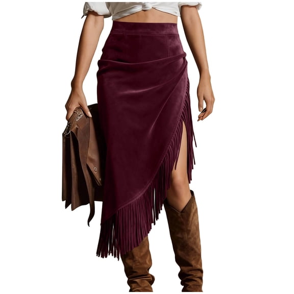 SuTry Women's Skirt Midi Length High Waist Faux Suede Fringe Asymmetrical Wrap Western Bodycon Party Versatile Skirt