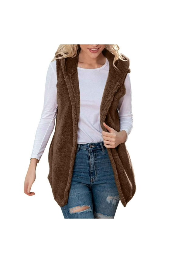 Women's Sleeveless Hooded Fleece Blanket Jacket with Solid Casual Tops and Pocket Hooded Cozy Warmkeeping Material Blouses(Brown,S)