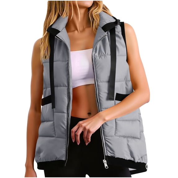 SuTry Women's Solid Color Hooded Vest Fall Winter Lightweight Thickened Sleeveless Front Zip with Pockets Casual Outerwear(Gray,XL)