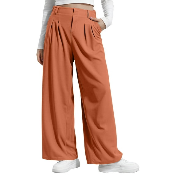 SuTry Women's Solid Color Pants Lightweight Fabric High Waisted Wide Leg with Pleated Front Trousers Full Length Versatile for Various Tops(Orange#4,XS)