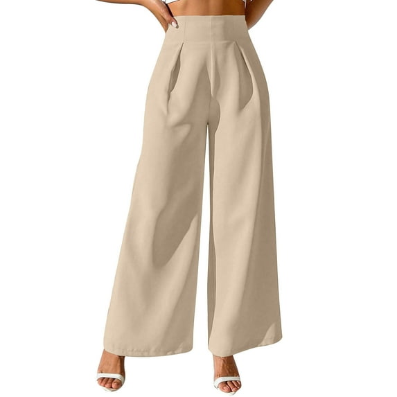 SuTry Women's Solid Color Pants Lightweight Fabric High Waisted Wide Leg with Pleated Front Trousers Full Length Versatile for Various Tops(Khaki,M)
