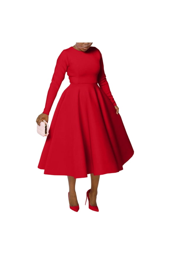 Women's Solid Color Poffy Dress Fall Winter Round Neck Long Sleeve Side Pockets Fashion Casual Loose Soft Casual Dress(Red,S)