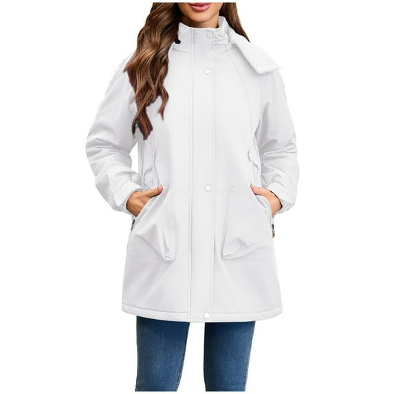 SuTry Women's Solid Color Tops 2025 Trendy Outdoor Long Sleeve Hooded Raincoat Windproof Rain Fabric Sports Interchange Jacket(White#2,XL)