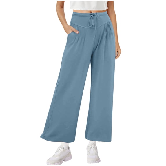 SuTry Women's Solid Color Trousers Fall Summer Loose Breathable High Waist Wide Leg Trousers with Smocked Waistband Drawstring Detail Pants(Blue#2,2XL)
