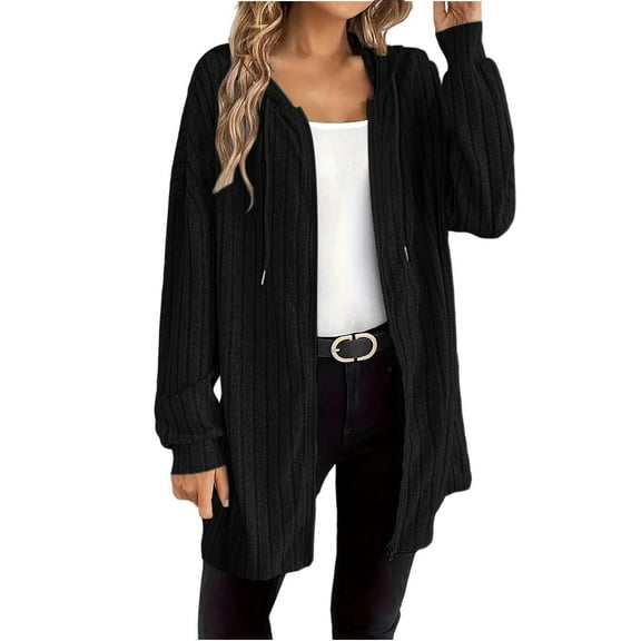 SuTry Women's Solid Color Winter Casual Long Sleeve Hooded Long Sweater with Thickening Fleece and Zipper Suitable for Chilly Days(Black#1,XL)