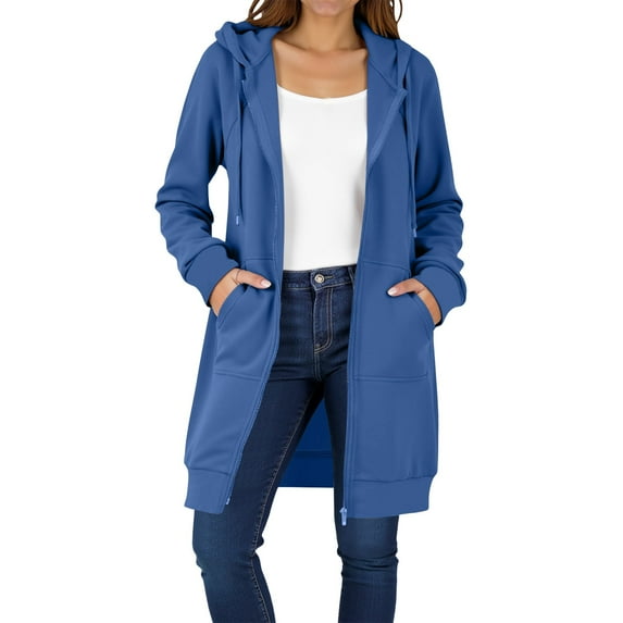 SuTry Women's Solid Color Winter Casual Long Sleeve Hooded Long Sweater with Thickening Fleece and Zipper Suitable for Chilly Days(Blue,L)