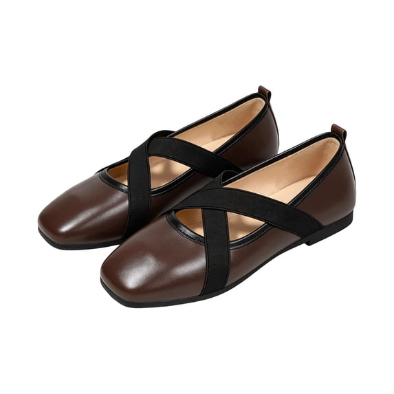 SuTry Women's Square Toe Mary Jane Flats Elastic Crisscross Strap Glossy PU Leather Lightweight Comfortable Slip On Casual Office Daily Walking Shoes(39)