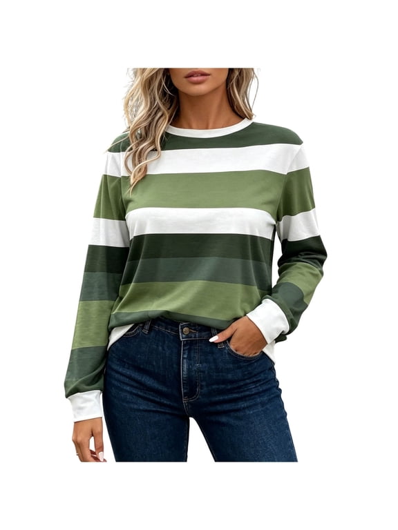 Women's Striped Pullover, Crew Neck Long Sleeve Top, Bold Contrast Stripe Casual T-shirt, Everyday Versatile Comfort Shirt