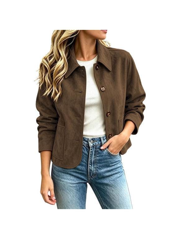 Women's Suede Jacket, Collared Button Front Fitted Coat, Classic Long Sleeve Outerwear with Pockets, Solid Color Everyday Versatile Casual Layer