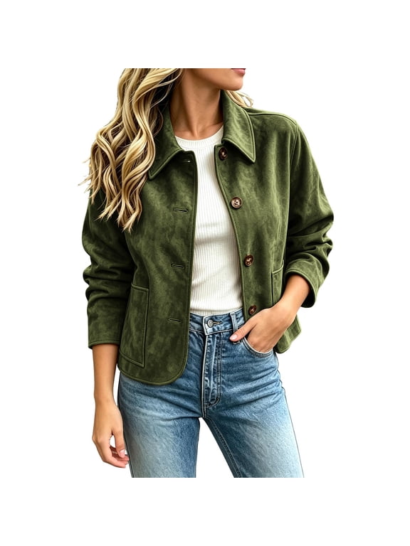 Women's Suede Jacket, Collared Button Front Fitted Coat, Classic Long Sleeve Outerwear with Pockets, Solid Color Everyday Versatile Casual Layer