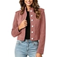 thumbnail image 1 of SuTry Women's Suede Jacket Stand Collar Button Up Cropped Fit Long Sleeve Shoulder Epaulets Structured Seams Casual Outerwear Layering Essential, 1 of 7