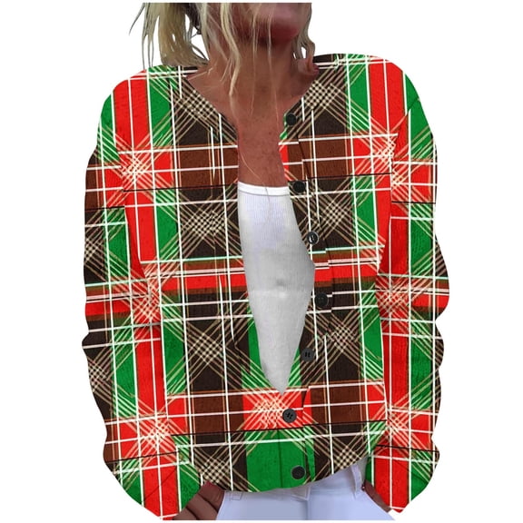 SuTry Women's Tops Fashion Casual Christmas Vintage Print Long Sleeve Cardigan Button Up Top Coat Christmas Gifts(Red#1,S)