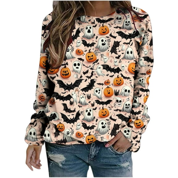 SuTry Women's Tops Multi Theme Halloween Pumpkin Fashion Printing Long Sleeve Crew Neck Sweatshirts Multiple Prints Offer Variety Style(Multicolor,XL)