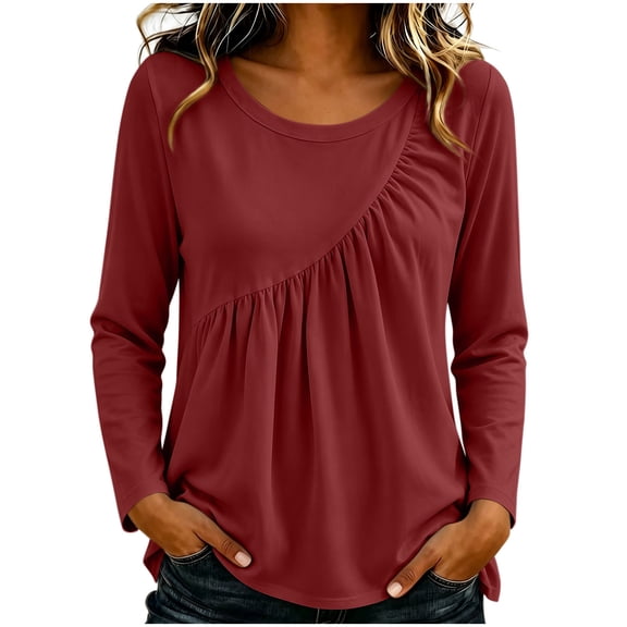 SuTry Women's Tunic Top Long Sleeve Asymmetrical Ruched Detail Relaxed Loose Fit Casual Everyday Wardrobe Staple Comfortable Blouse Shirt Pullover