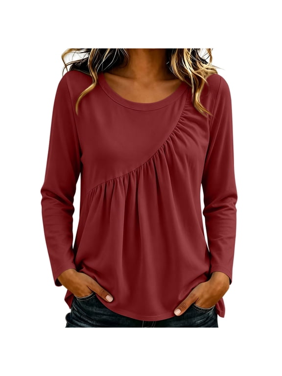 Women's Tunic Top Long Sleeve Asymmetrical Ruched Detail Relaxed Loose Fit Casual Everyday Wardrobe Staple Comfortable Blouse Shirt Pullover