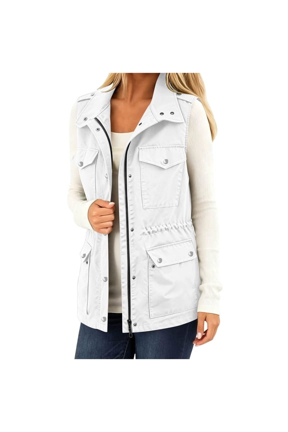 Women's Utility Vest, Zip Up Drawstring Waist Sleeveless Jacket, Solid Color Multi Pocket Cargo Outerwear, Everyday Fall Winter Layering Piece